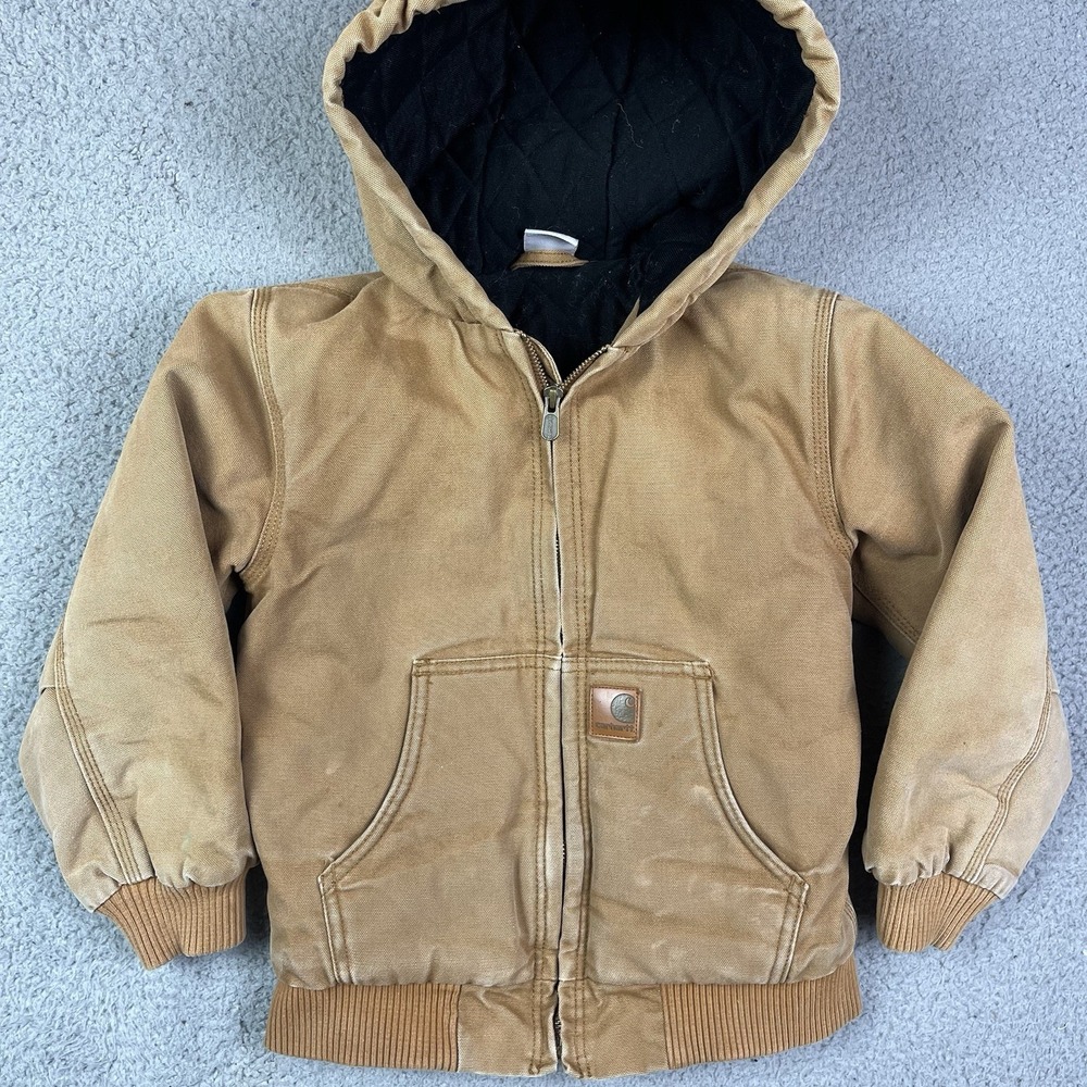 Carhartt Canvas Quilted Lined Jacket Tan Brown Distressed Kids Youth‎ Size 7